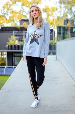 3rd Story Ramona Leopard Print Splice Star T Shirt< Long Sleeves