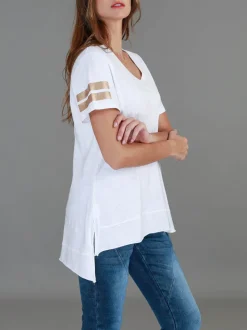 3rd Story Renn Twin Gold Stripe Print T Shirt< Short Sleeves