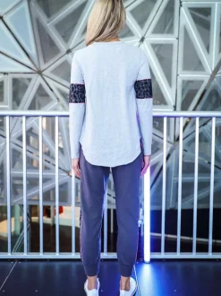 3rd Story Sylvie Leopard Print Banded Sleeve Grey T Shirt< Long Sleeves